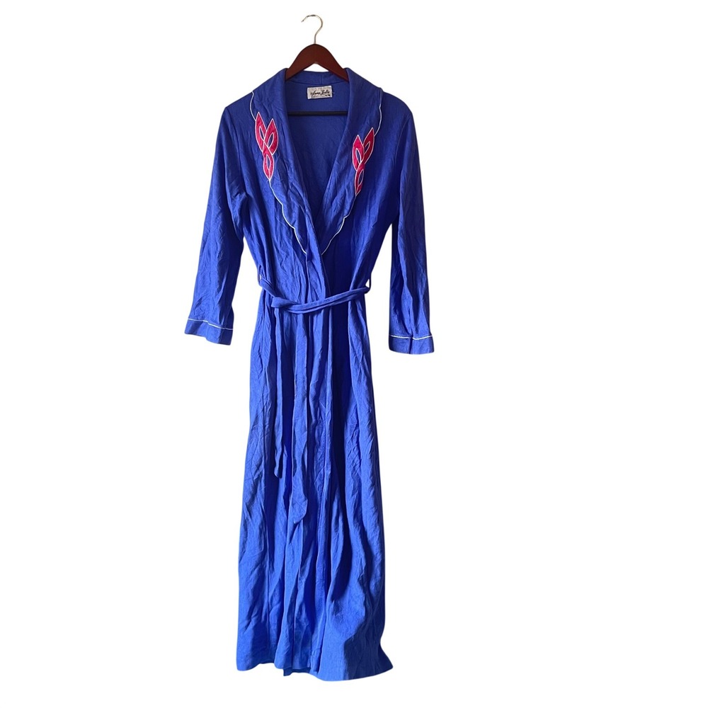 Vintage Royal Blue Embroidered Maxi Robe Made in‎ USA Loungewear cottagecore